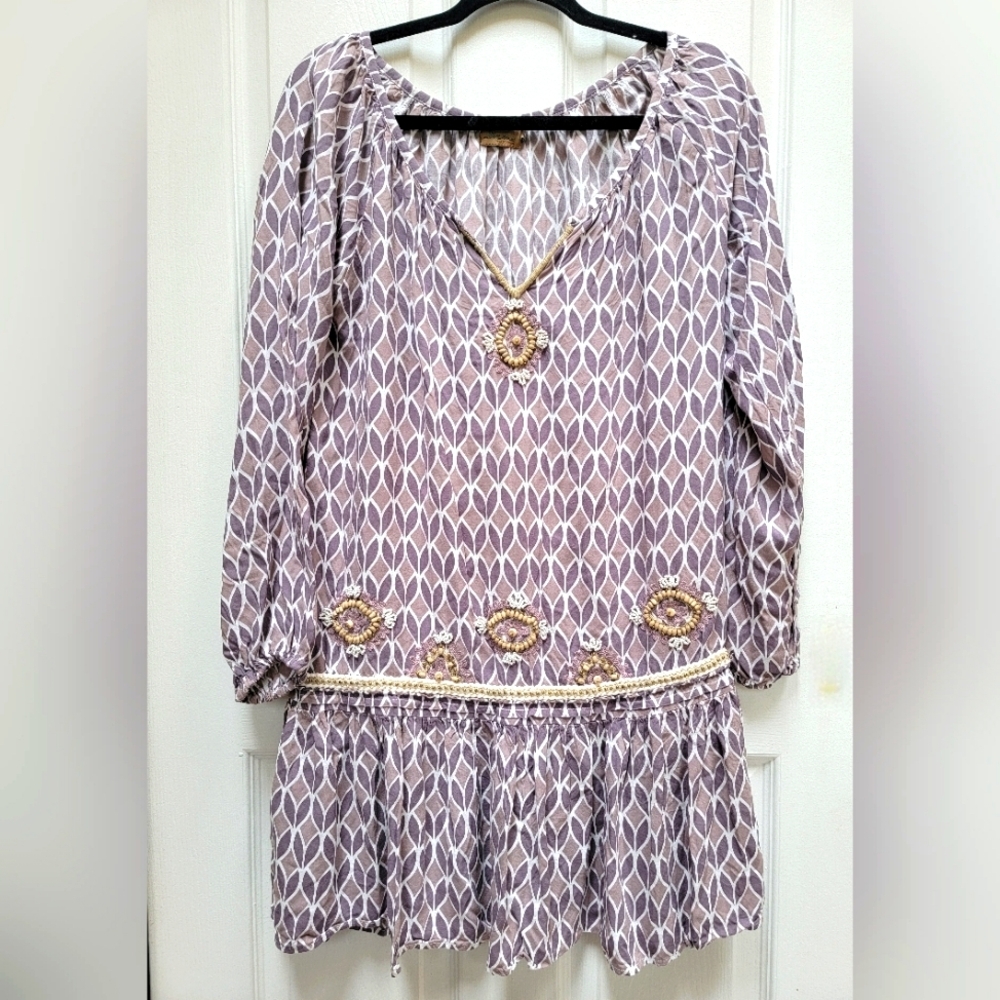 Skemo Elegant Purple Beaded Patterned V-Neck Short Dress Size Medium